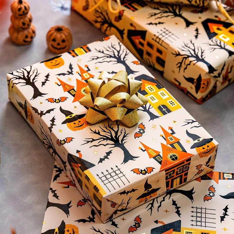 Yarcony Halloween Wrapping Paper Roll - 17 Inch X 33 Feet - Metallic Foil Classic Orange Haunted House, Pumpkin and Bat Pattern Gift Wrap Paper Sheet for Halloween's Day, Holiday Decorations, Birthday - Image 4